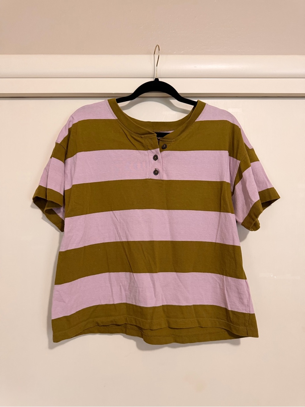 Madewell Olive Green and Light Pink Striped Short Sleeve Henley Tee - Picture 1 of 3